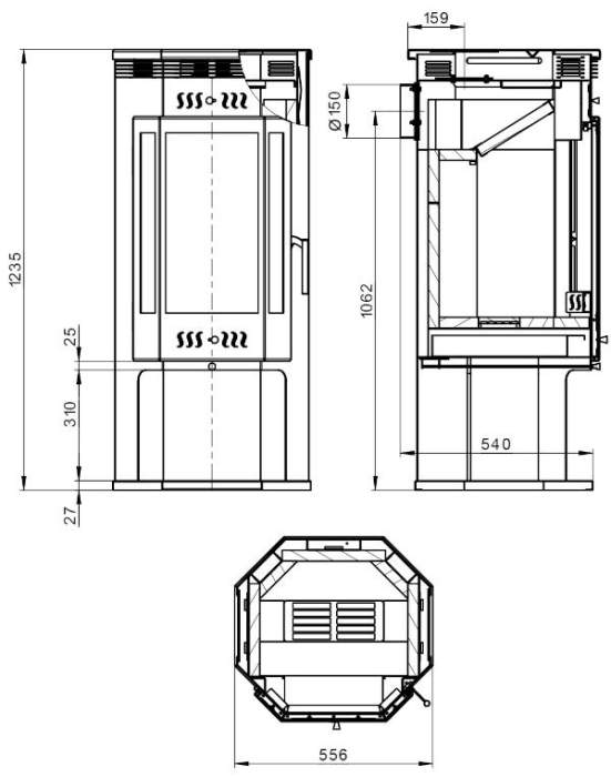 Печь-камин Aston 11кВт (180 м3) пристенно-угловой Ø 150мм