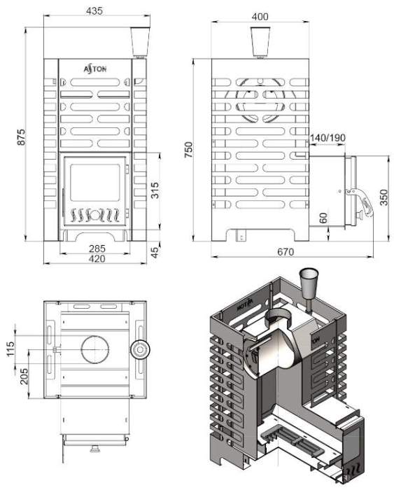 Печь-каменка ASTON 16 INOX дверца со стеклом