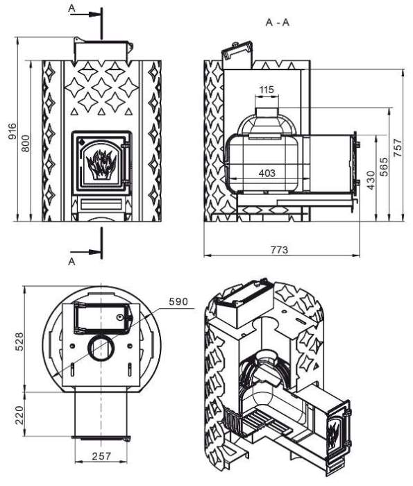 Печь-каменка чугунная ЭТНА 18 закрытая каменка ДТ-4С дверца со стеклом