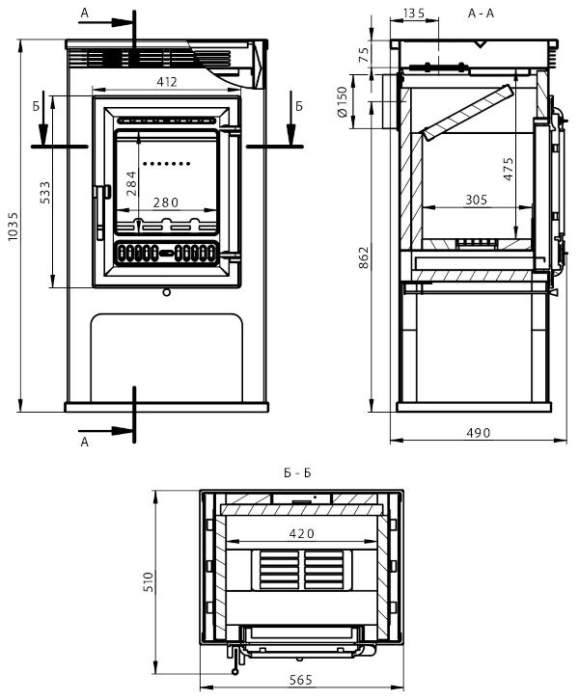 Печь-камин Aston 11кВт (180 м3) Ø150мм (Чугунная дверь)