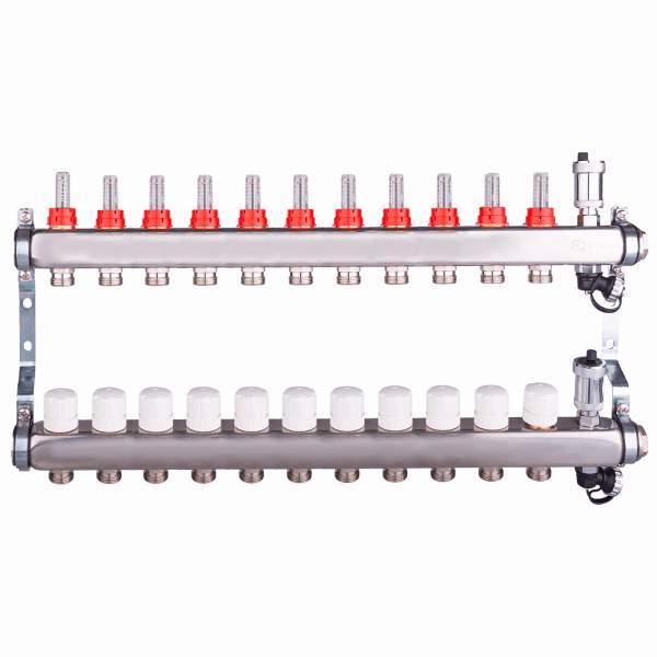 Коллекторная группа нерж. сталь 11 вых 1''x3/4'' AQUA с расходомерами, в сборе