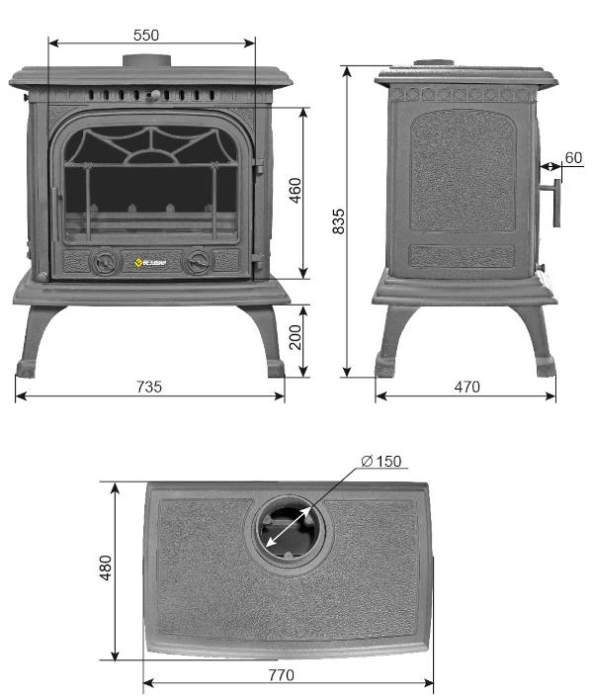 Печь-камин чугунный Везувий HR-15 "Антрацит"