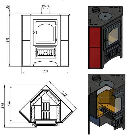 Печь-камин Везувий ПК-01 (220) угловой талькохлорит с конфоркой 9 кВт (150 м3) d115мм