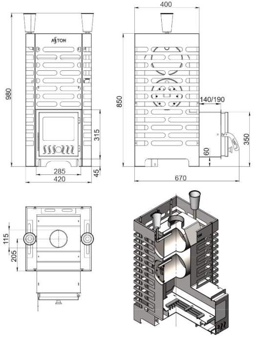 Печь-каменка ASTON 20 INOX дверца со стеклом