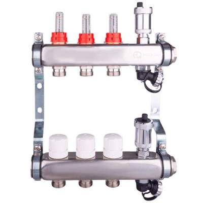 Коллекторная группа нерж. сталь 03 вых 1''x3/4'' AQUA с расходомерами, в сборе