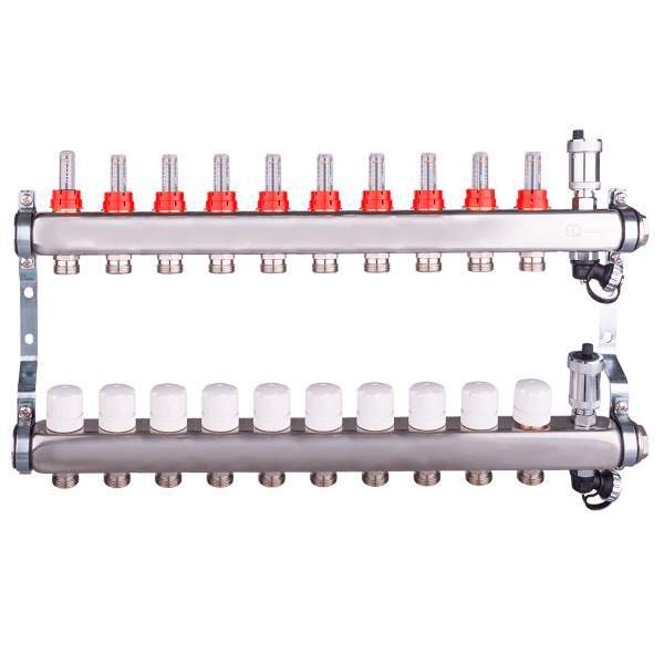 Коллекторная группа нерж. сталь 10 вых 1''x3/4'' AQUA с расходомерами, в сборе