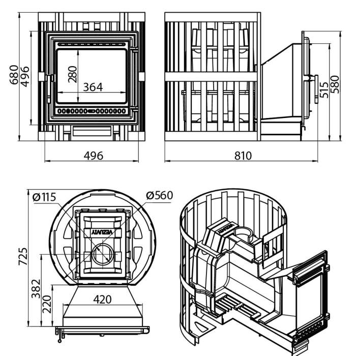 Печь-каменка чугунная ВЕЗУВИЙ Легенда Ковка 22 (505) дверца стекло